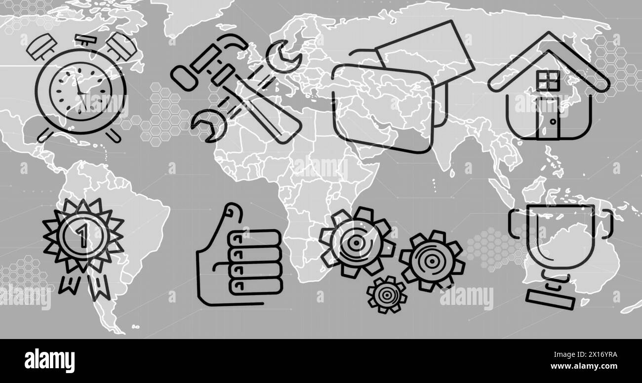 Bild von Geschäftssymbolen auf der Weltkarte auf grauem Hintergrund. Globales Geschäfts-, Kommunikations- und Datenverarbeitungskonzept digital generiertes Bild. Stockfoto