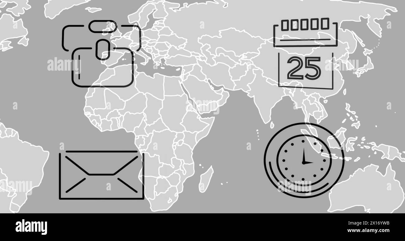 Bild von Geschäftssymbolen auf der Weltkarte auf grauem Hintergrund. Globales Geschäfts-, Kommunikations- und Datenverarbeitungskonzept digital generiertes Bild. Stockfoto