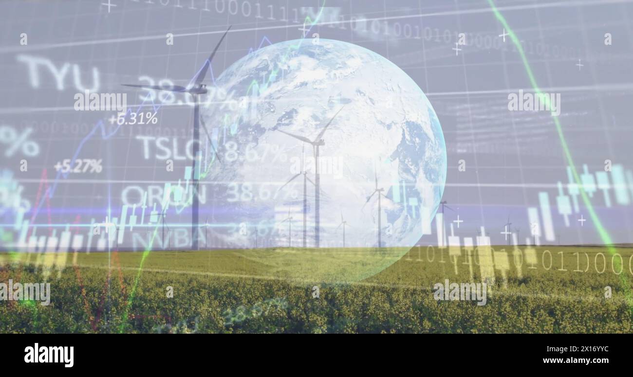 Abbildung von Diagrammen und Datenverarbeitung mit Globus über Feld mit Windturbinen Stockfoto