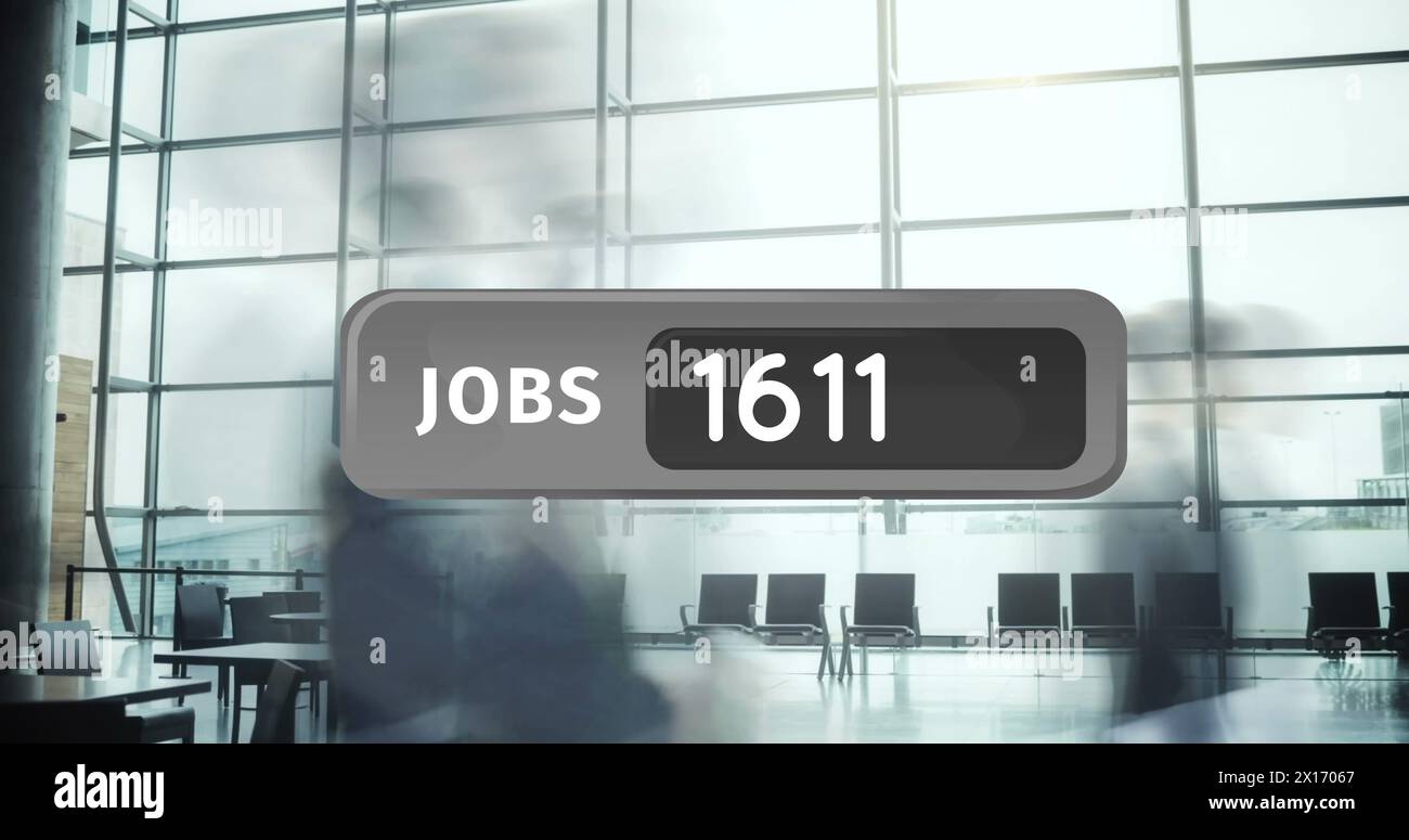 Bild von Zahlen und Jobtext über dem geschäftigen Büro Stockfoto