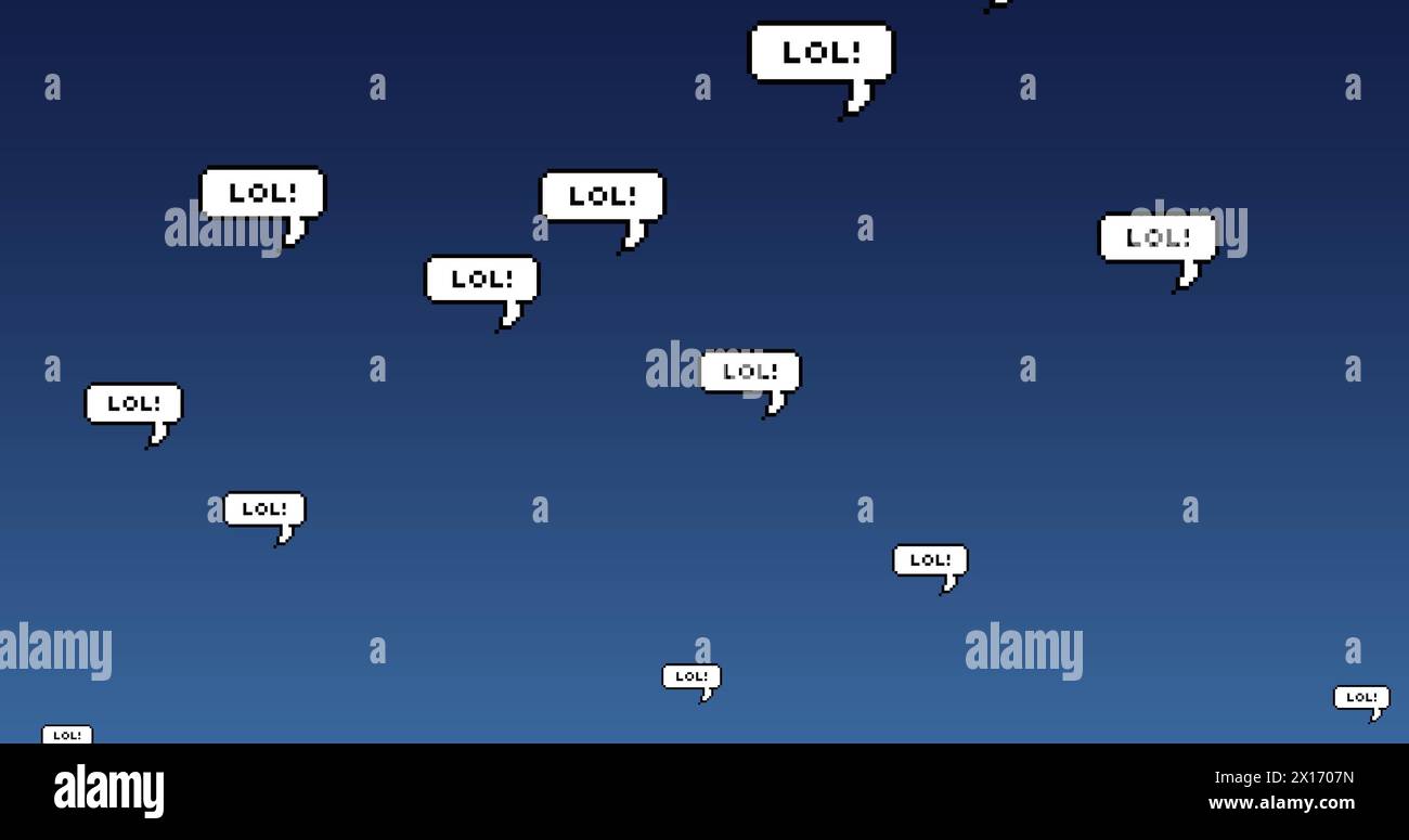 Digitales Bild des lol-Textes auf mehreren Sprachblasen, die vor blauem Hintergrund schweben Stockfoto