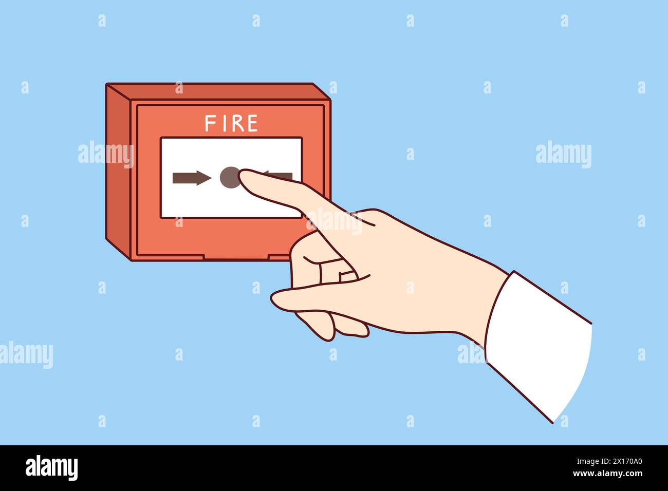 Feuermeldetaste an der Wand und Hand einer Person, die jeden über eine Notfallsituation informieren möchte. Brandmeldeanlagen zur Verhinderung der Folgen einer Flammenausbreitung im gesamten Gebäude Stock Vektor