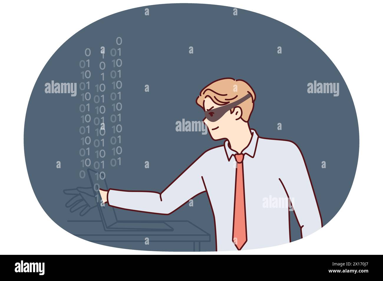 Ein maskierter Hacker greift auf den Laptop-Bildschirm zu, um wichtige Informationen zu stehlen oder Cyberkriminalität zu begehen. Guy-Hacker machen digitalen Betrug und hacken Computer über das Internet oder das lokale Netzwerk Stock Vektor