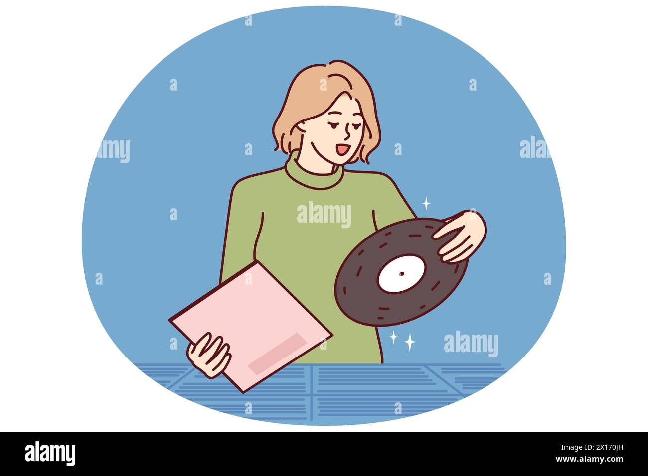 Frau entscheidet sich für Schallplatten, die für Retro-Musiksammler und Liebhaber analoger Audiogeräte erhältlich sind. Das Mädchen sucht klassische Musik vom Lieblingskomposten auf der Plattenmesse für gebrauchte Schallplatten Stock Vektor