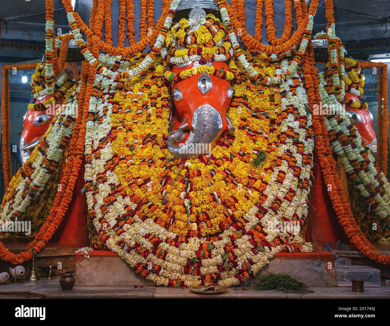Orangene Statuen von Ganesha in Varanasi, Indien Stockfoto