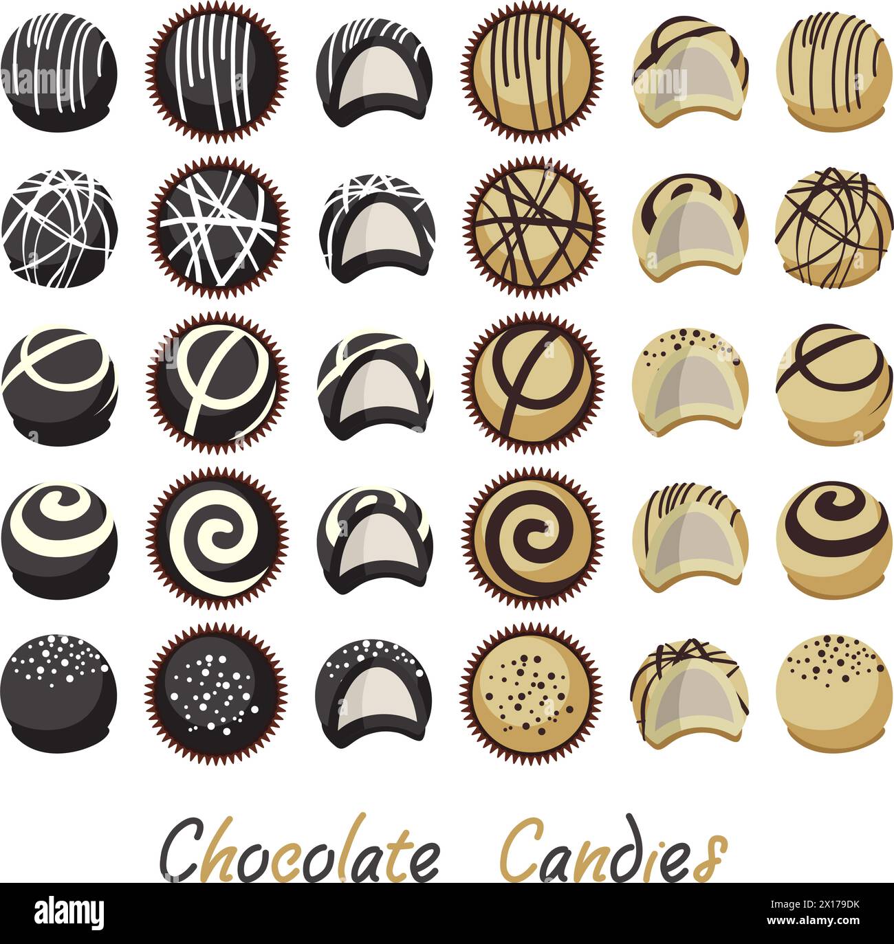 Vektorsammlung von Schokoladenbonbons für Dessert, Draufsicht, Seitenansicht und defekten. Flaches Süßigkeitensymbol auf weißem Hintergrund. Schokoladenbonbons te Stock Vektor
