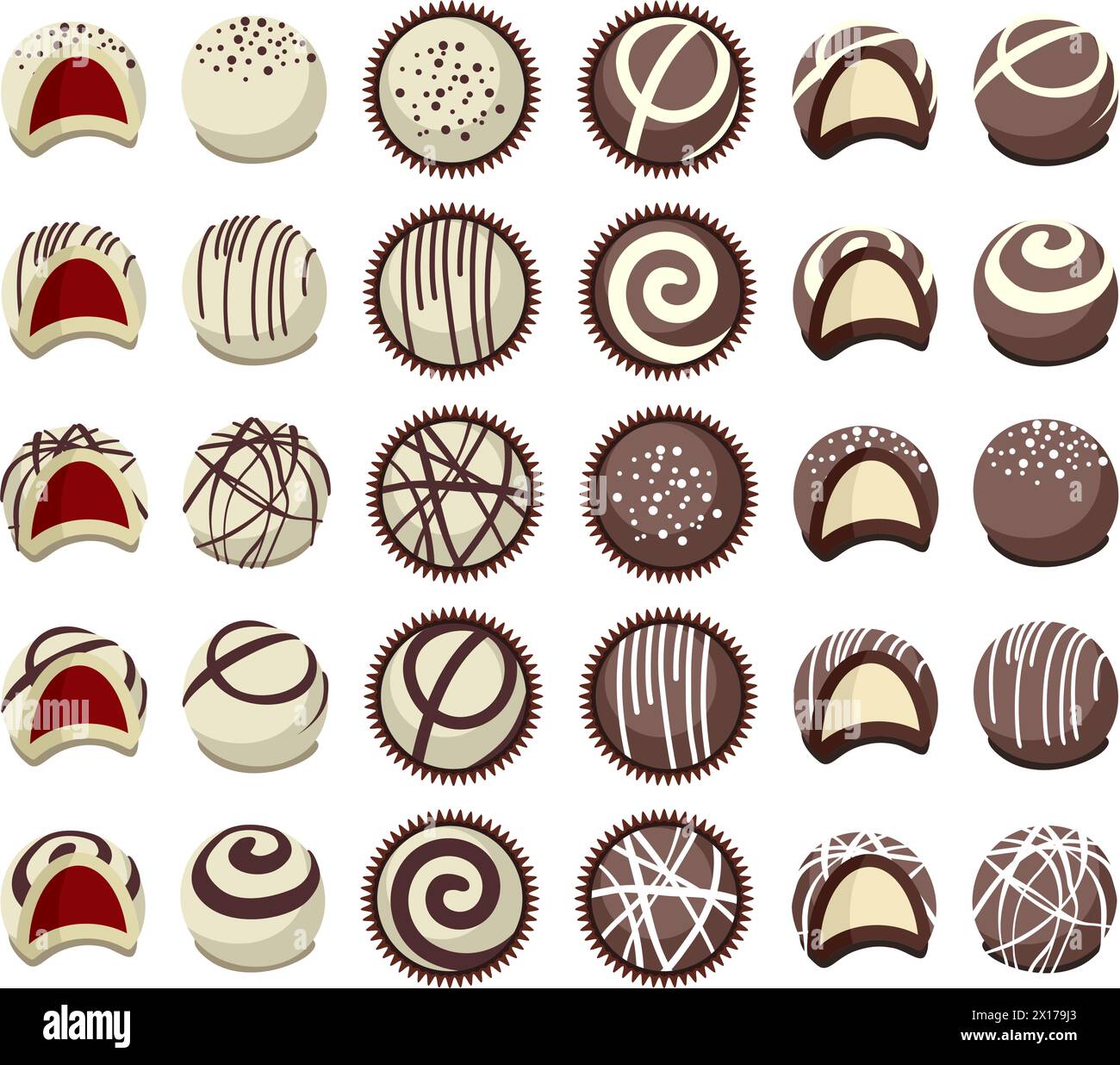 Vektorsammlung von Schokoladenbonbons für Dessert, Draufsicht, Seitenansicht und defekten. Flaches Süßigkeitensymbol auf weißem Hintergrund Stock Vektor