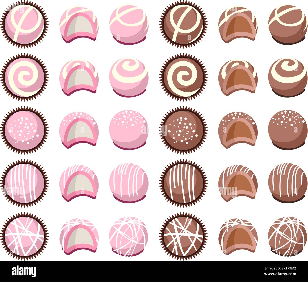 Vektorsammlung von Schokoladenbonbons für Dessert, Draufsicht, Seitenansicht und defekten. Flaches Süßigkeitensymbol auf weißem Hintergrund Stock Vektor