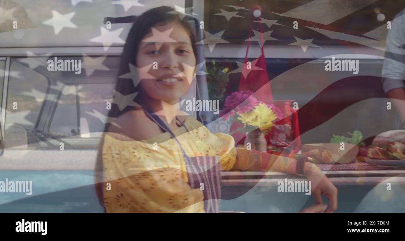 Bild der Flagge der usa über glückliches birassisches Paar im Food Truck Stockfoto