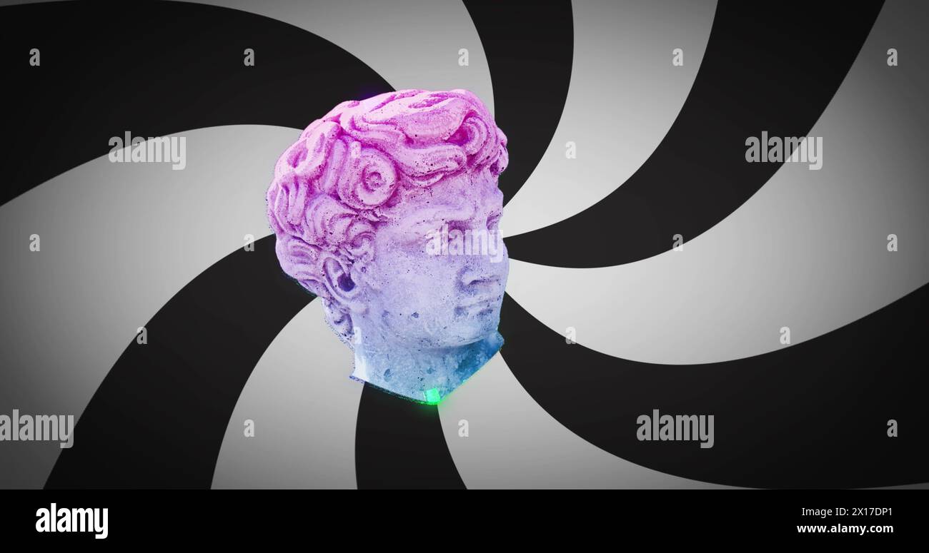 Bild einer antiken Kopfskulptur über schwarz-weißen Streifen, die sich drehen Stockfoto