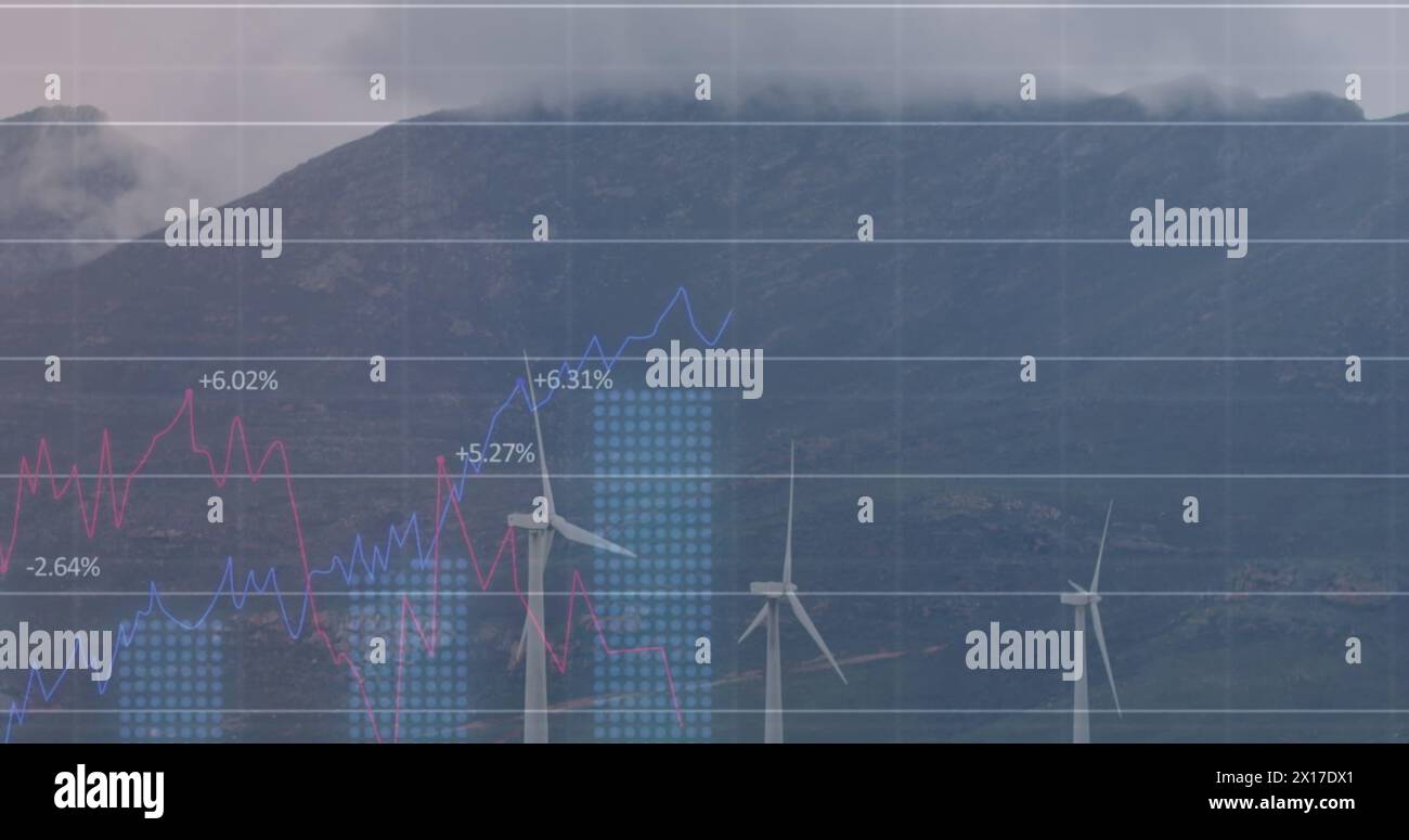 Bild der statistischen Datenverarbeitung über sich drehenden Windmühlen auf Grünland Stockfoto