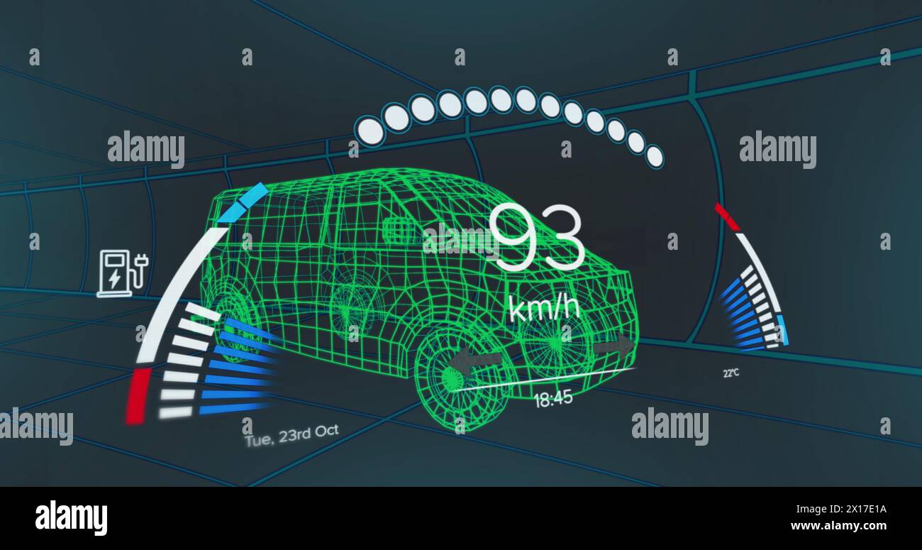 Bild des Tachometers über dem Projekt eines Elektrowagens auf marineblauem Hintergrund Stockfoto