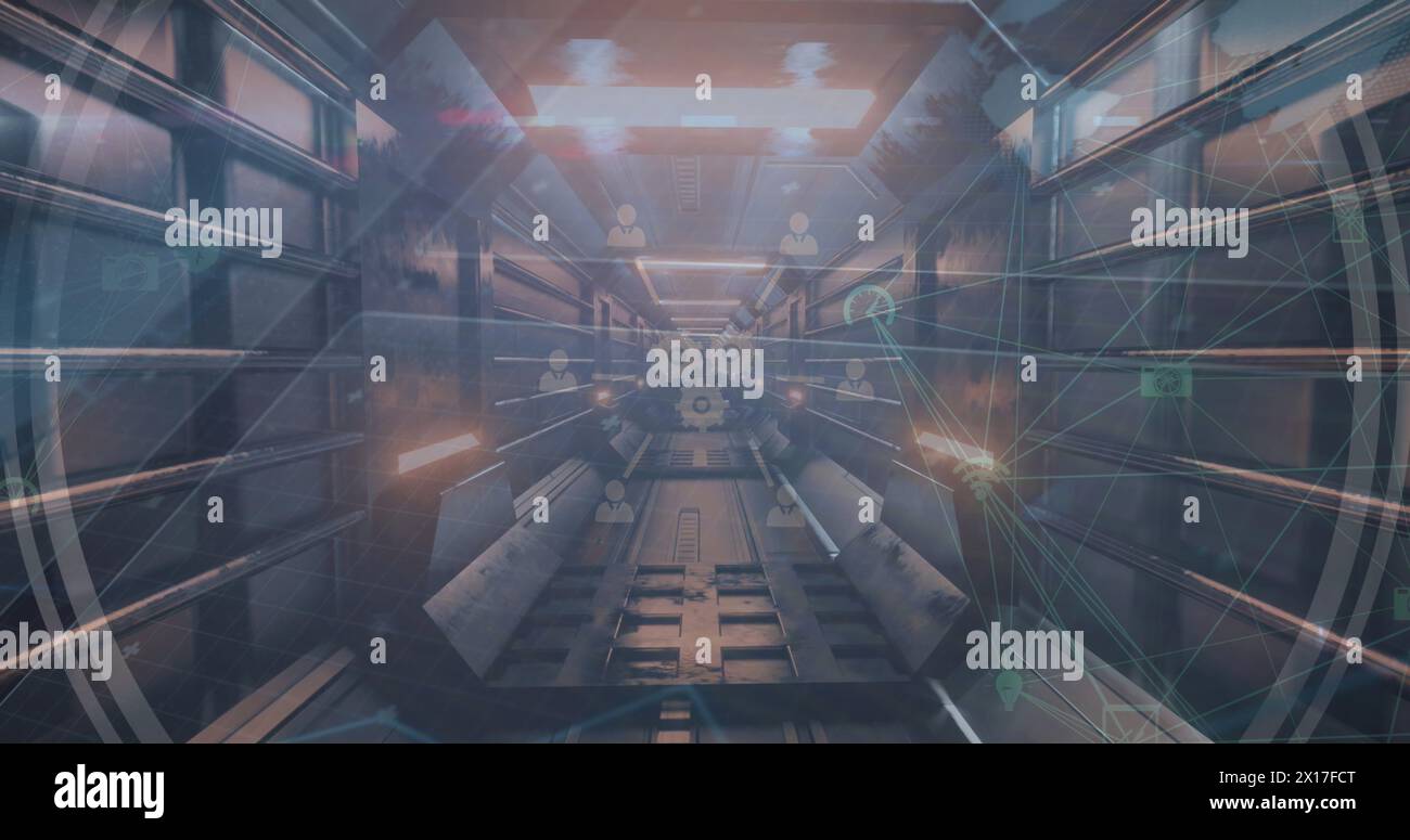 Globen aus digitalen Symbolen und Netzwerk aus digitalen Symbolen über Neontunnel in nahtlosem Muster Stockfoto