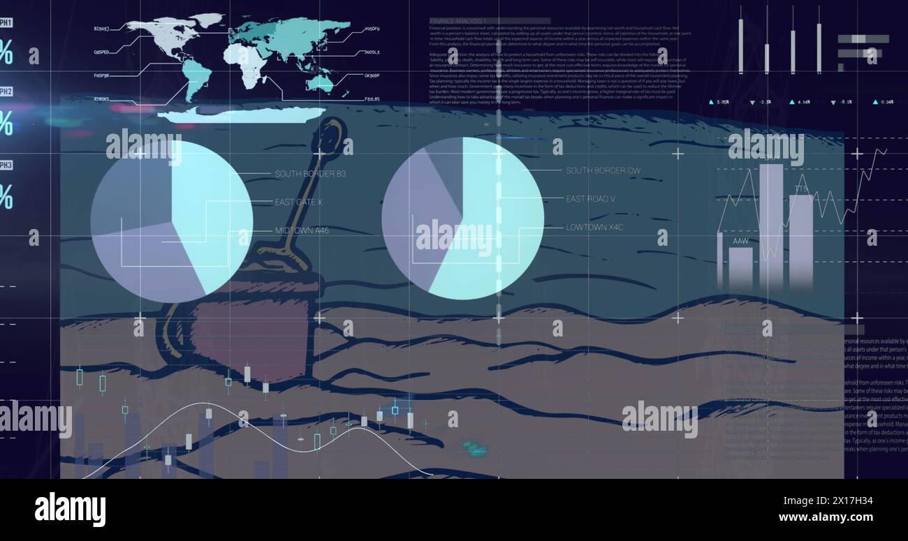 Bild der Infografik-Schnittstelle mit Datenbank über Sandeimer und Schaufel am Strand Stockfoto
