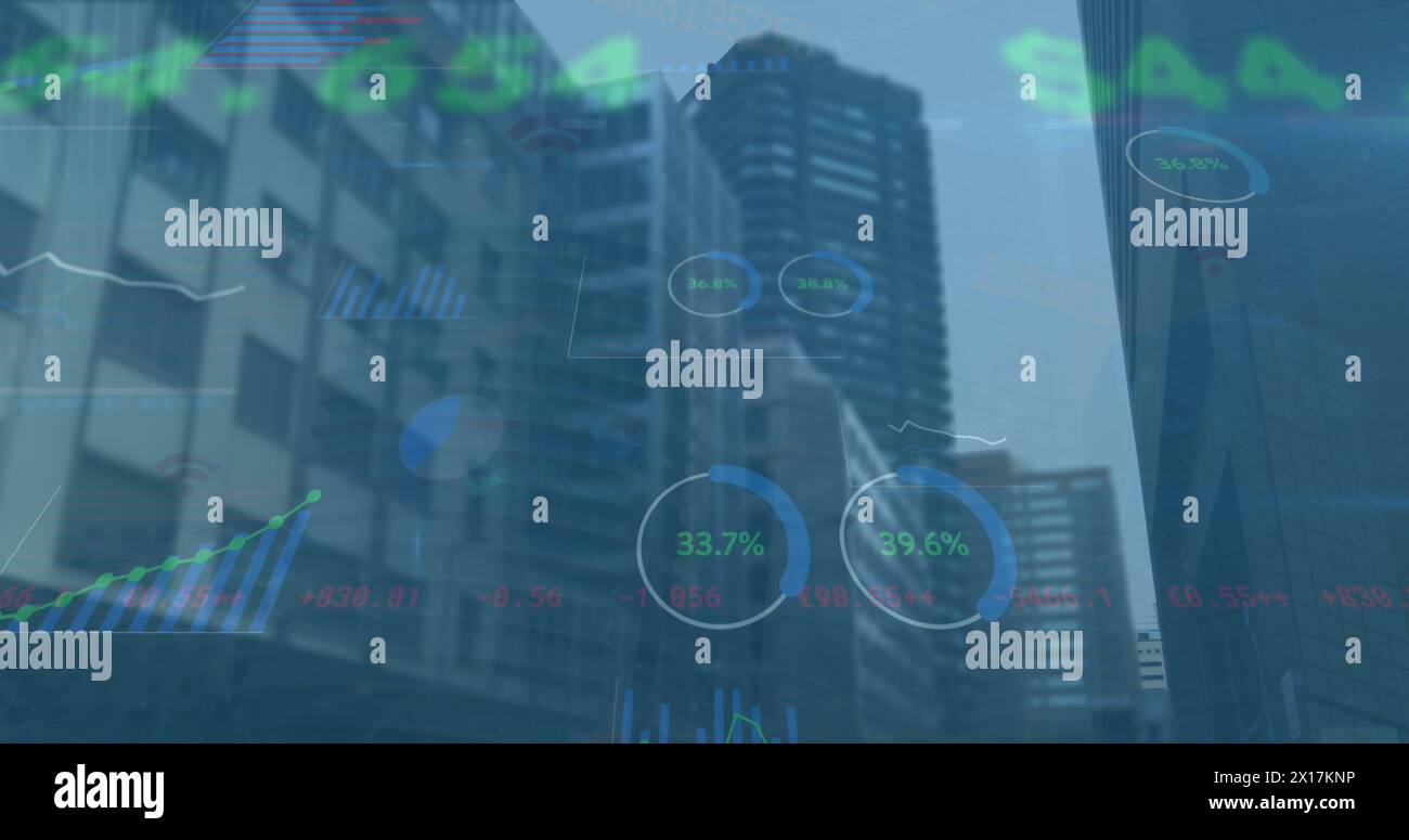 Bild der Verarbeitung finanzieller Daten über dem Stadtbild Stockfoto