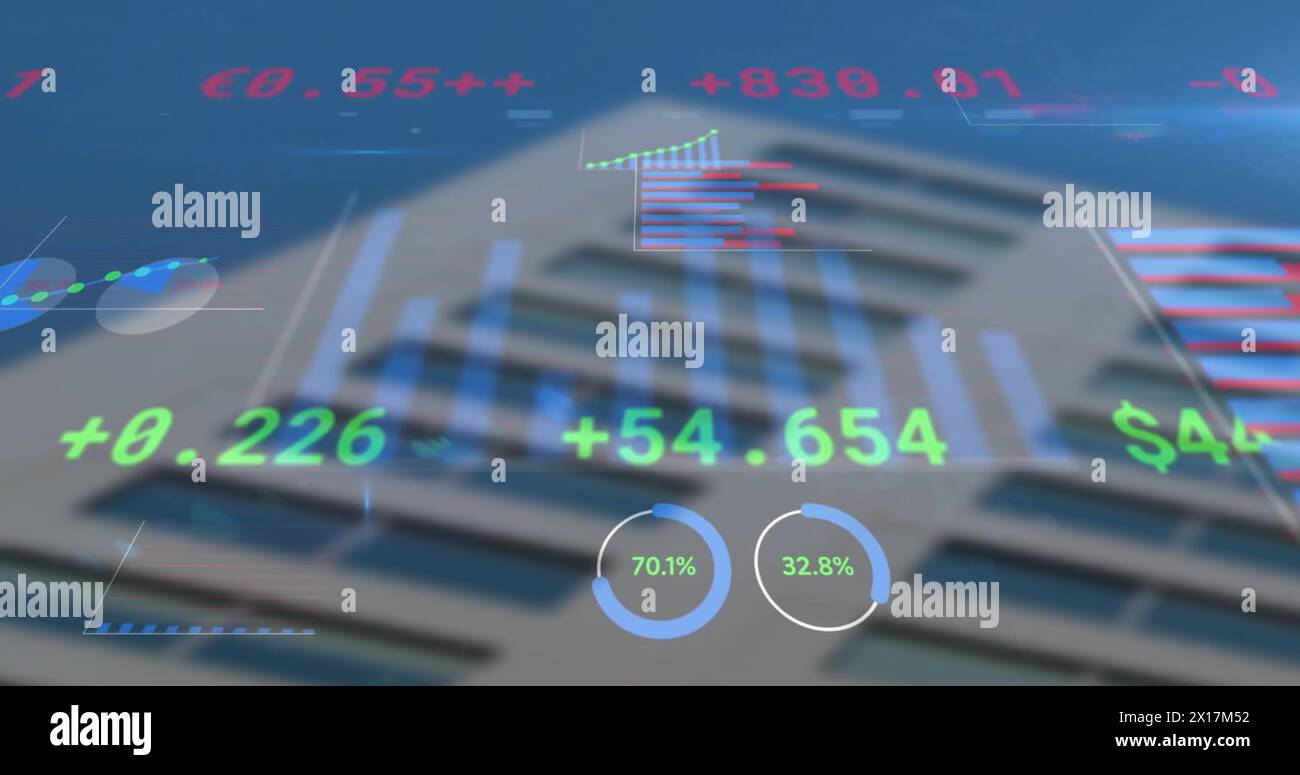 Bild von Datenverarbeitung, Diagrammen und Börse über Gebäude Stockfoto