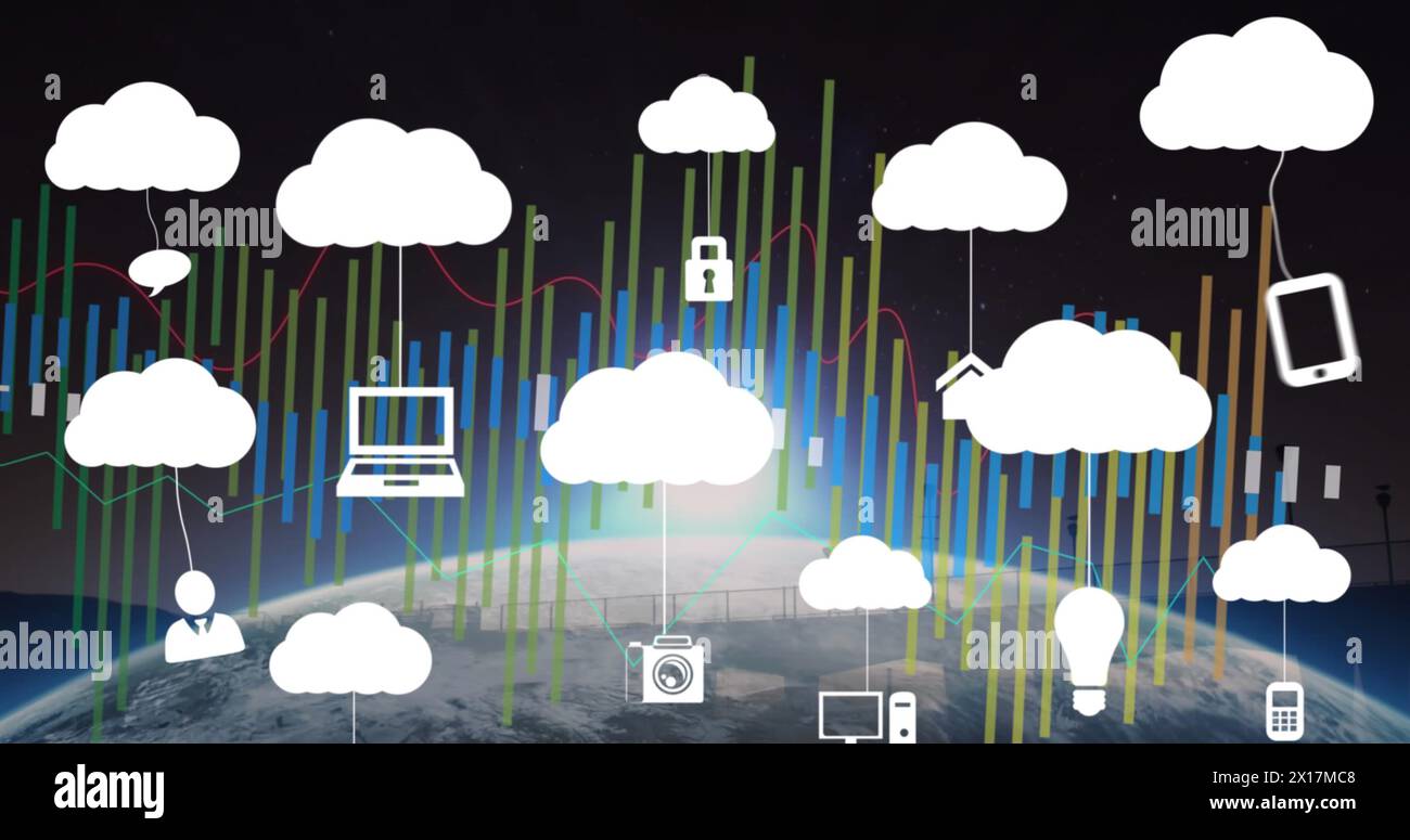 Bild von Cloud-Symbolen und Datenverarbeitung auf der ganzen Welt auf schwarzem Hintergrund Stockfoto