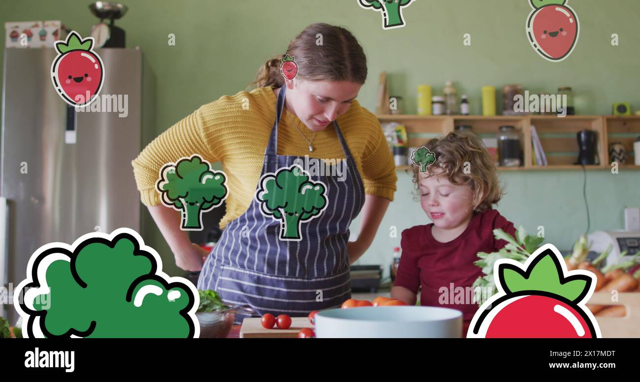Bild von Gemüse-Ikonen über der kaukasischen Frau mit Sohn kochen Stockfoto