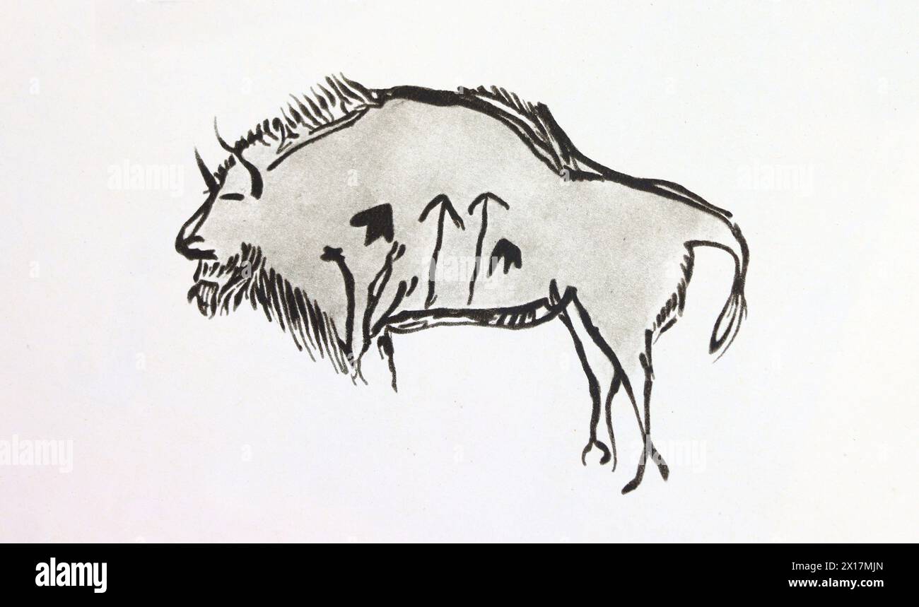 Bild eines Bisons, der von Harpunen verletzt wurde. Bild an der Wand einer paläolithischen Höhle in Frankreich. Stockfoto