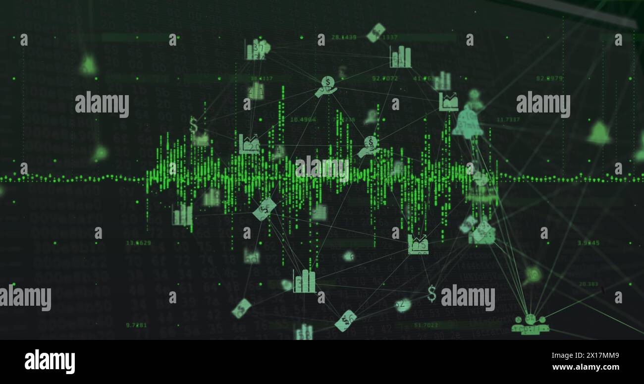 Bild von grünen Schallwellen und mehreren Symbolen, die mit kugelförmigen Linien über Zahlen verbunden sind Stockfoto