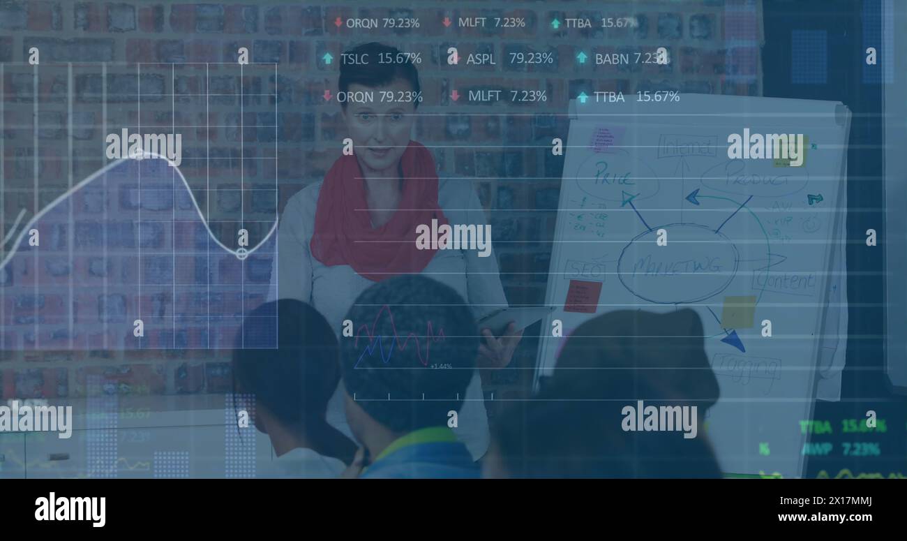 Bild der Börsendatenverarbeitung über eine kaukasierin, die im Büro eine Präsentation hält Stockfoto