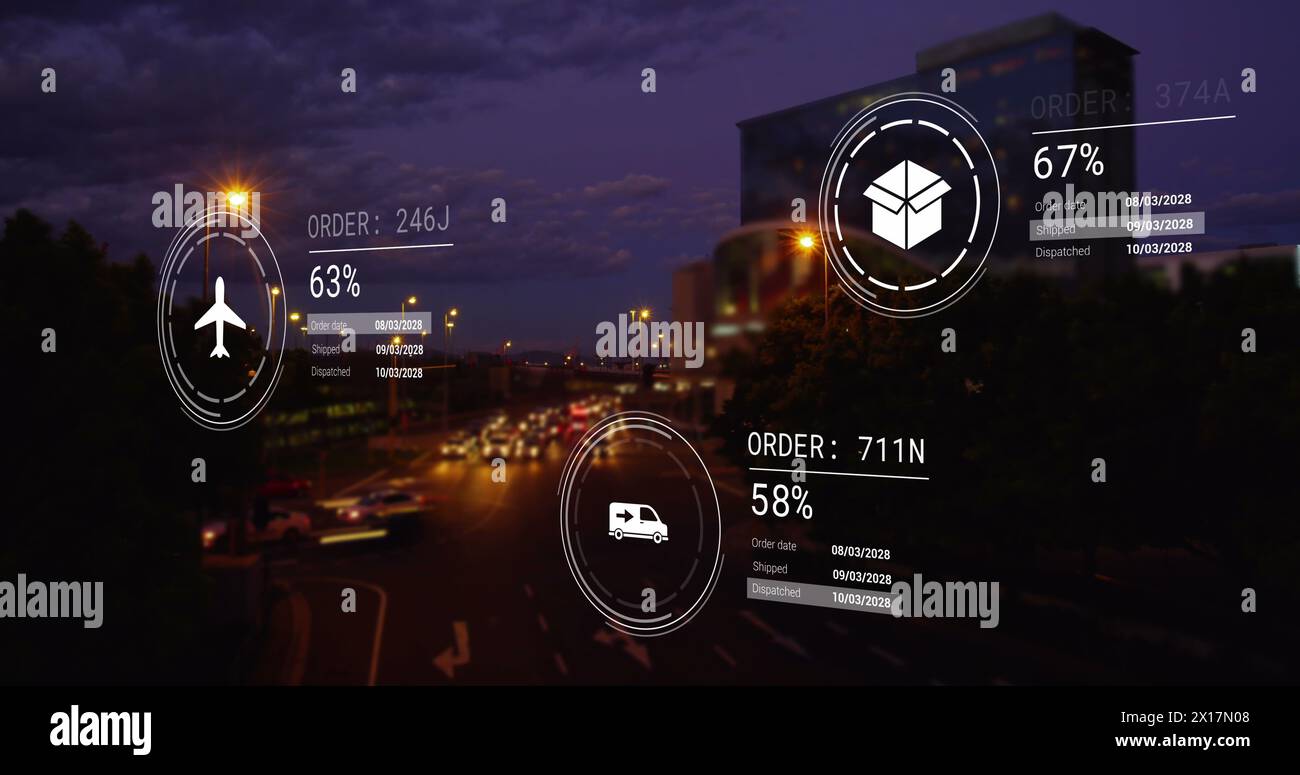 Bild von Symbolen mit Datenverarbeitung über Stadtbild Stockfoto