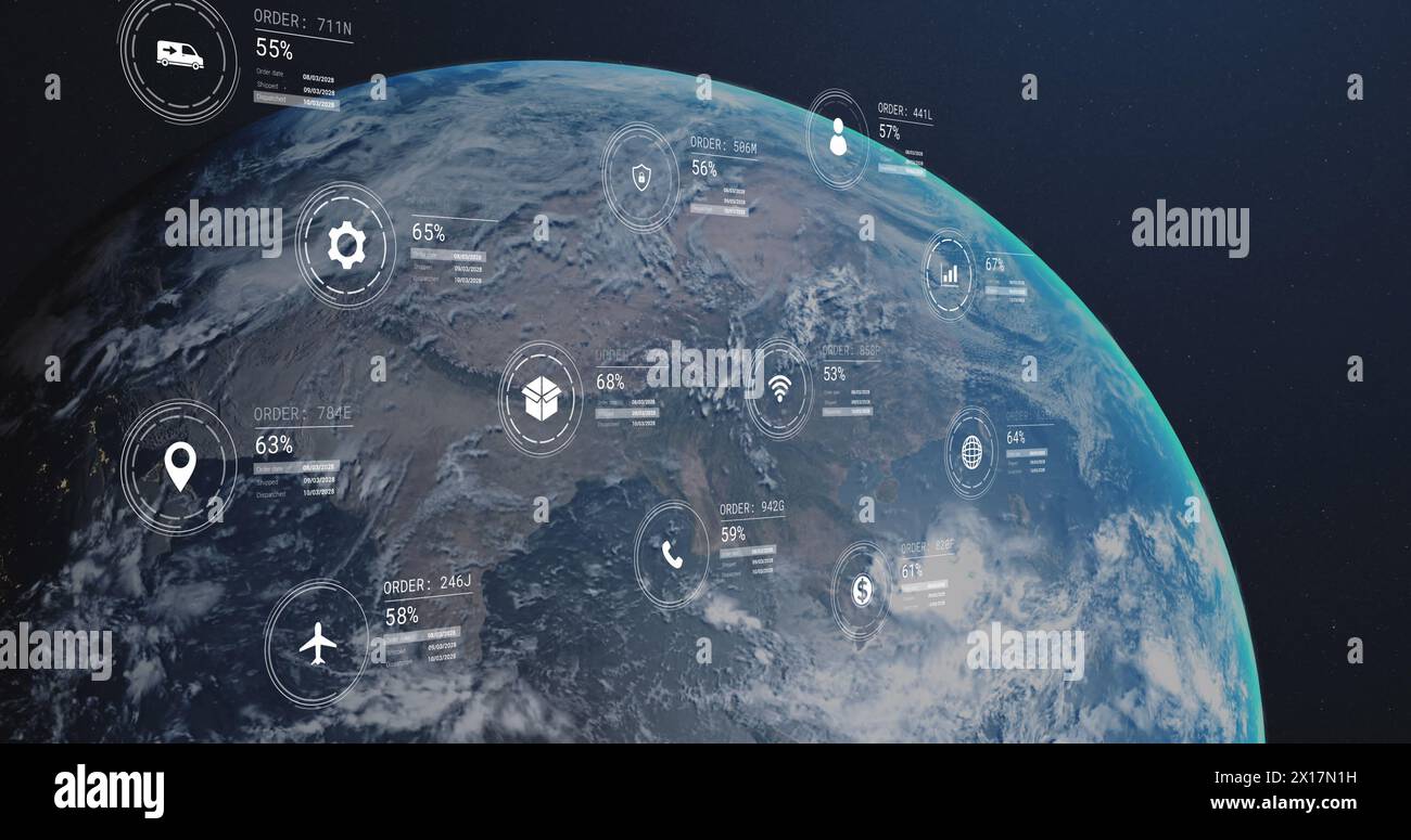 Bild von Symbolen mit Datenverarbeitung über den Globus Stockfoto