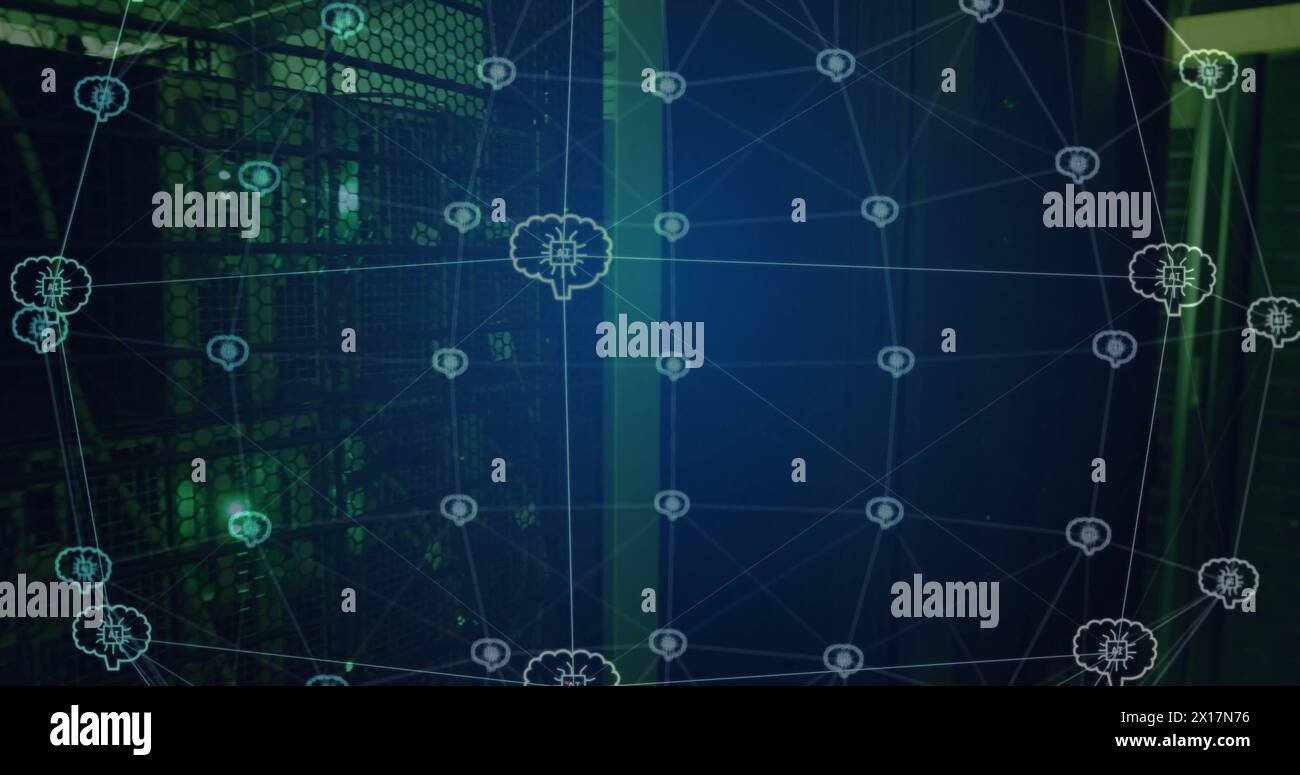 Bild eines Gitternetzwerks mit Ai-Gehirnsymbolen, die sich über einem dunklen Computerserverraum drehen Stockfoto