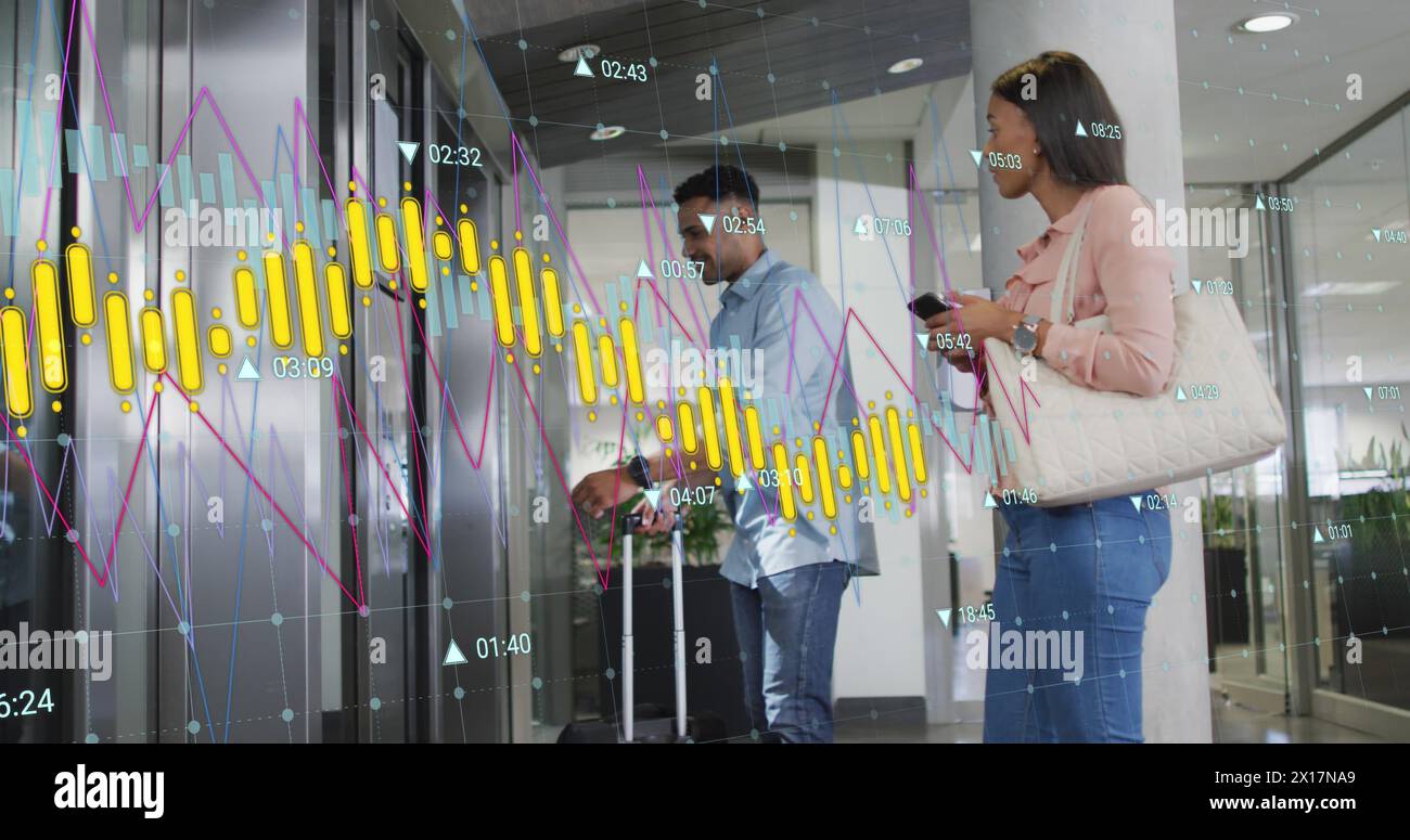 Abbildung mehrerer Diagramme mit wechselnden Zahlen über verschiedene Personen, die auf den Aufzug warten Stockfoto