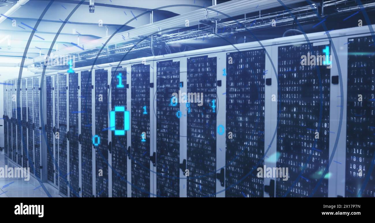 Abbildung: Schleife von Binärcodes in einem runden Tunnel über Balken auf Server-Racks im Serverraum Stockfoto