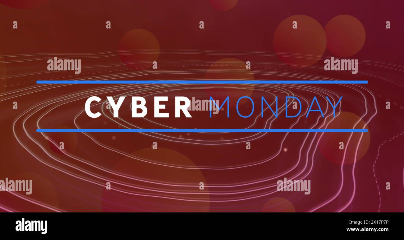 Bild des Cyber monday-Textbanner vor Topographie und Lichtflecken auf rotem Hintergrund Stockfoto