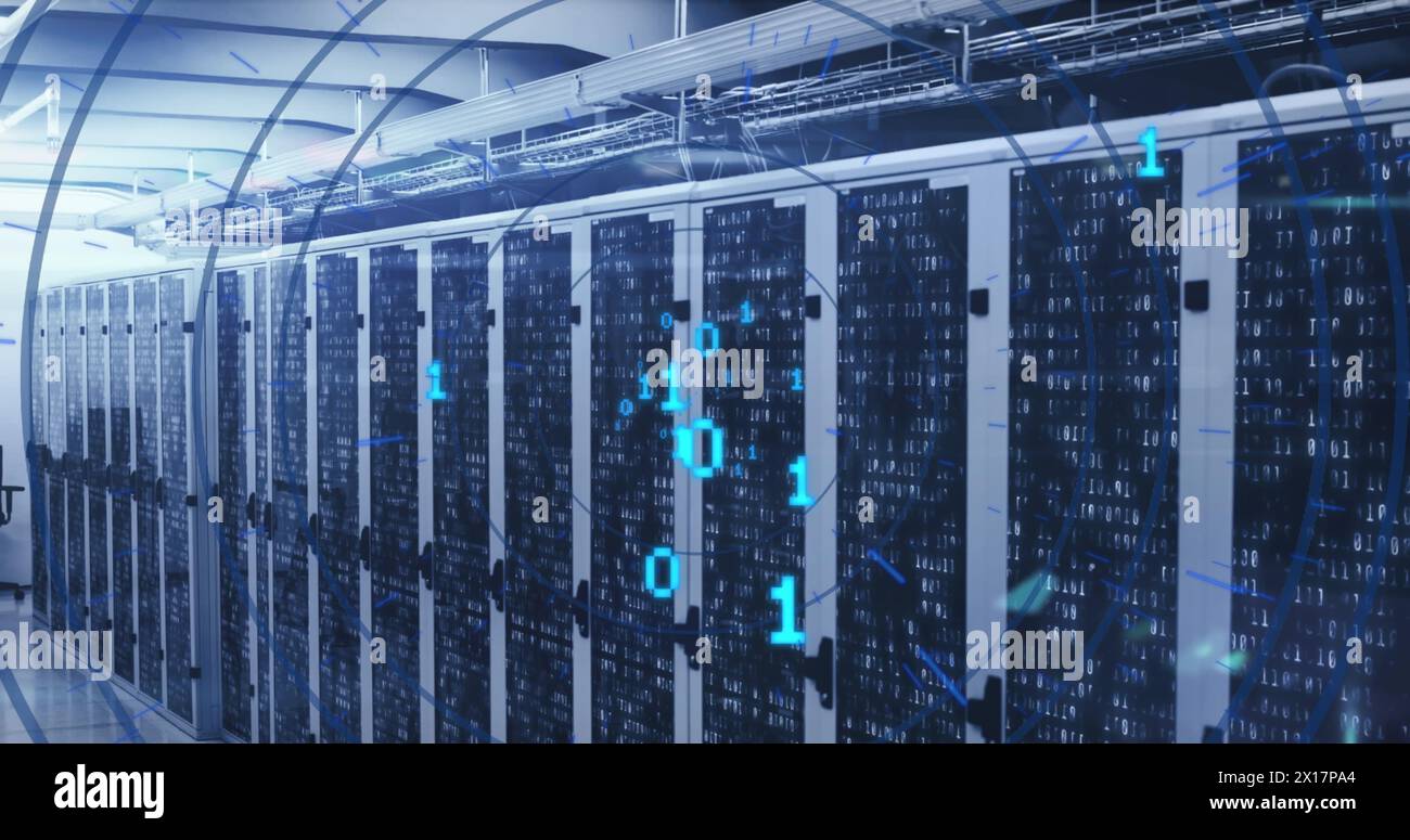 Abbildung: Schleife von Binärcodes in einem runden Tunnel über Balken auf Server-Racks im Serverraum Stockfoto