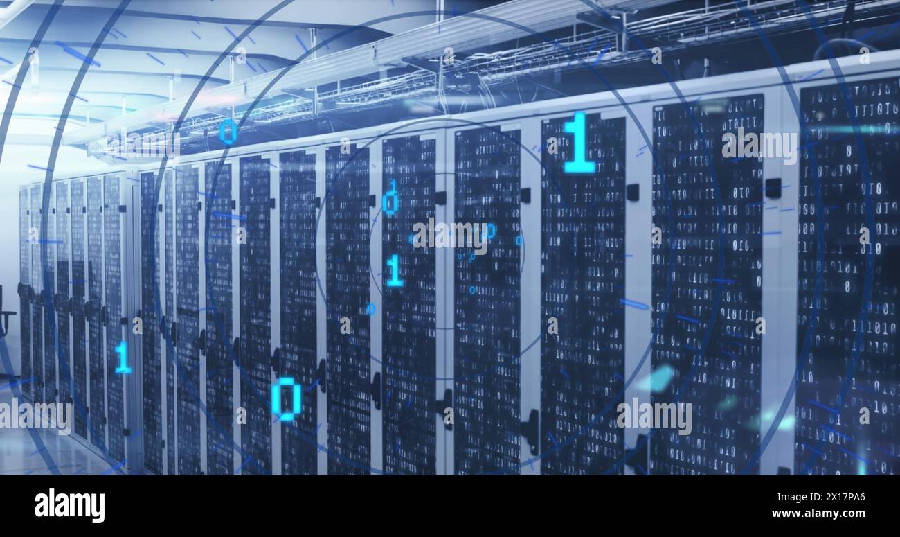 Abbildung: Schleife von Binärcodes in einem runden Tunnel über Balken auf Server-Racks im Serverraum Stockfoto