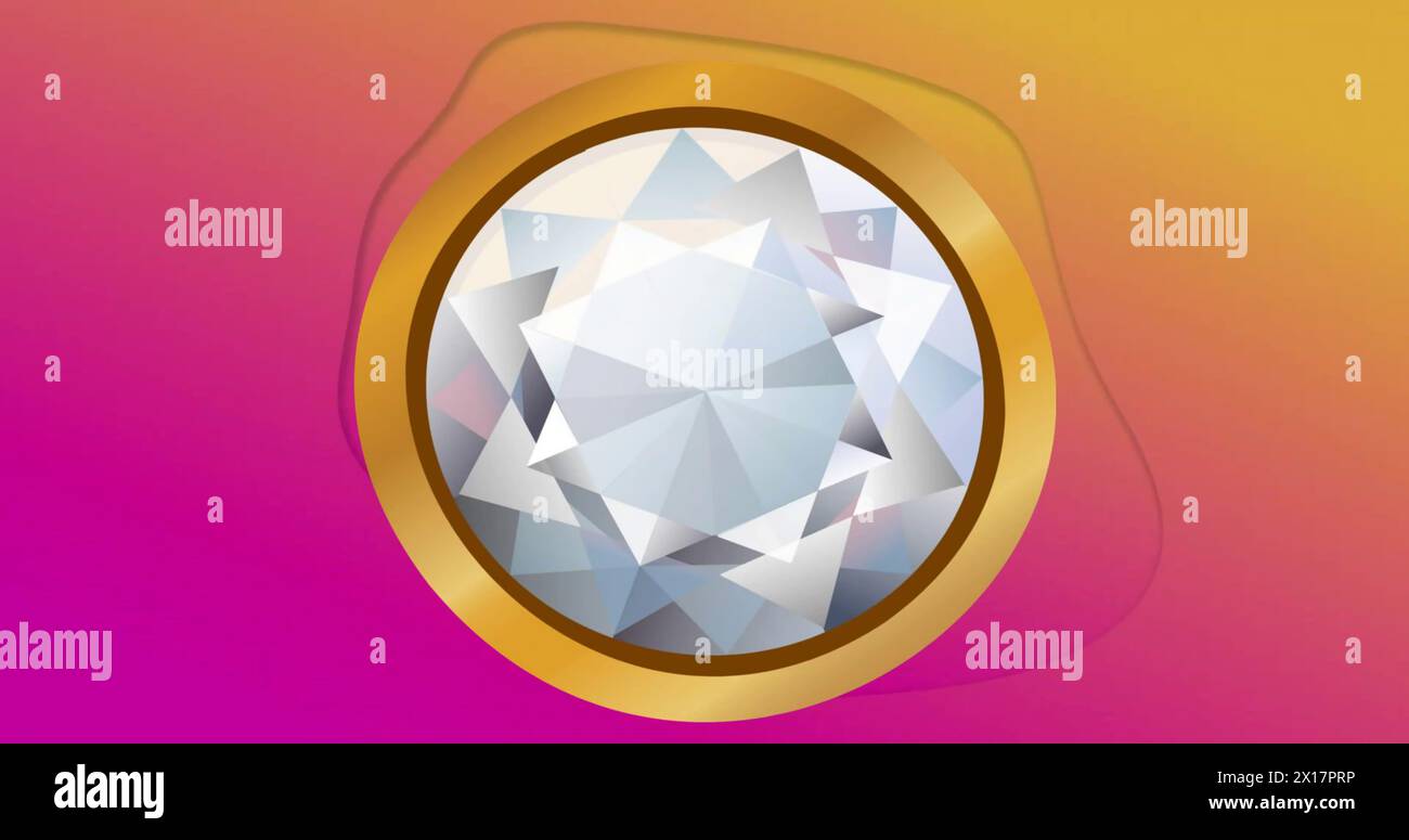 Bild eines Diamanten im goldenen Kreis, der sich auf gelbem bis rosa Hintergrund dreht Stockfoto