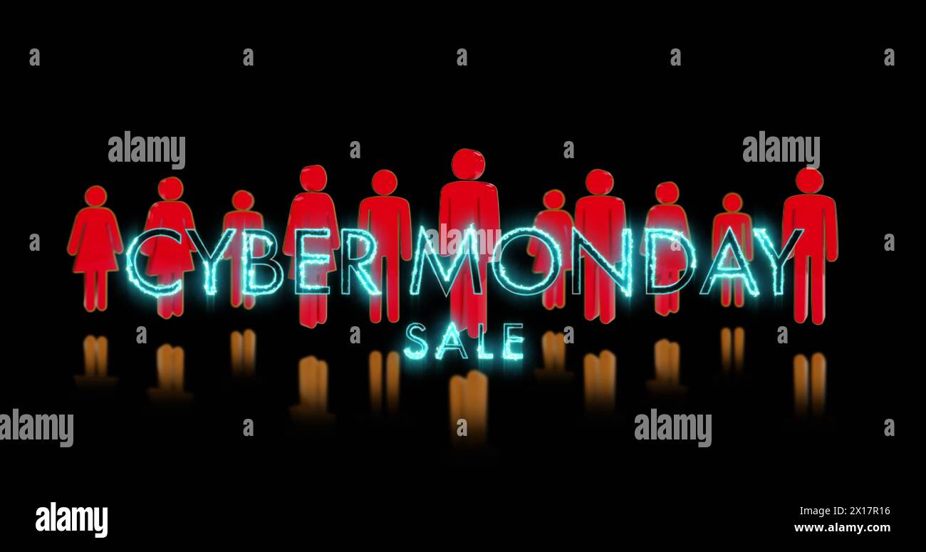 Bild des Cyber monday-Textes über roten menschlichen Darstellungen auf dunklem Hintergrund Stockfoto