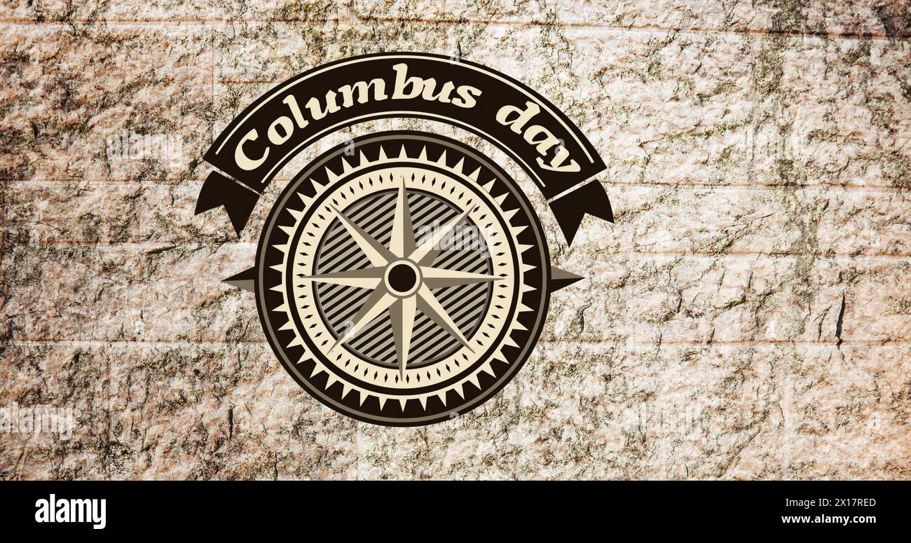 Bild des columbus-Tages und Kompass über einer Steinmauer Stockfoto