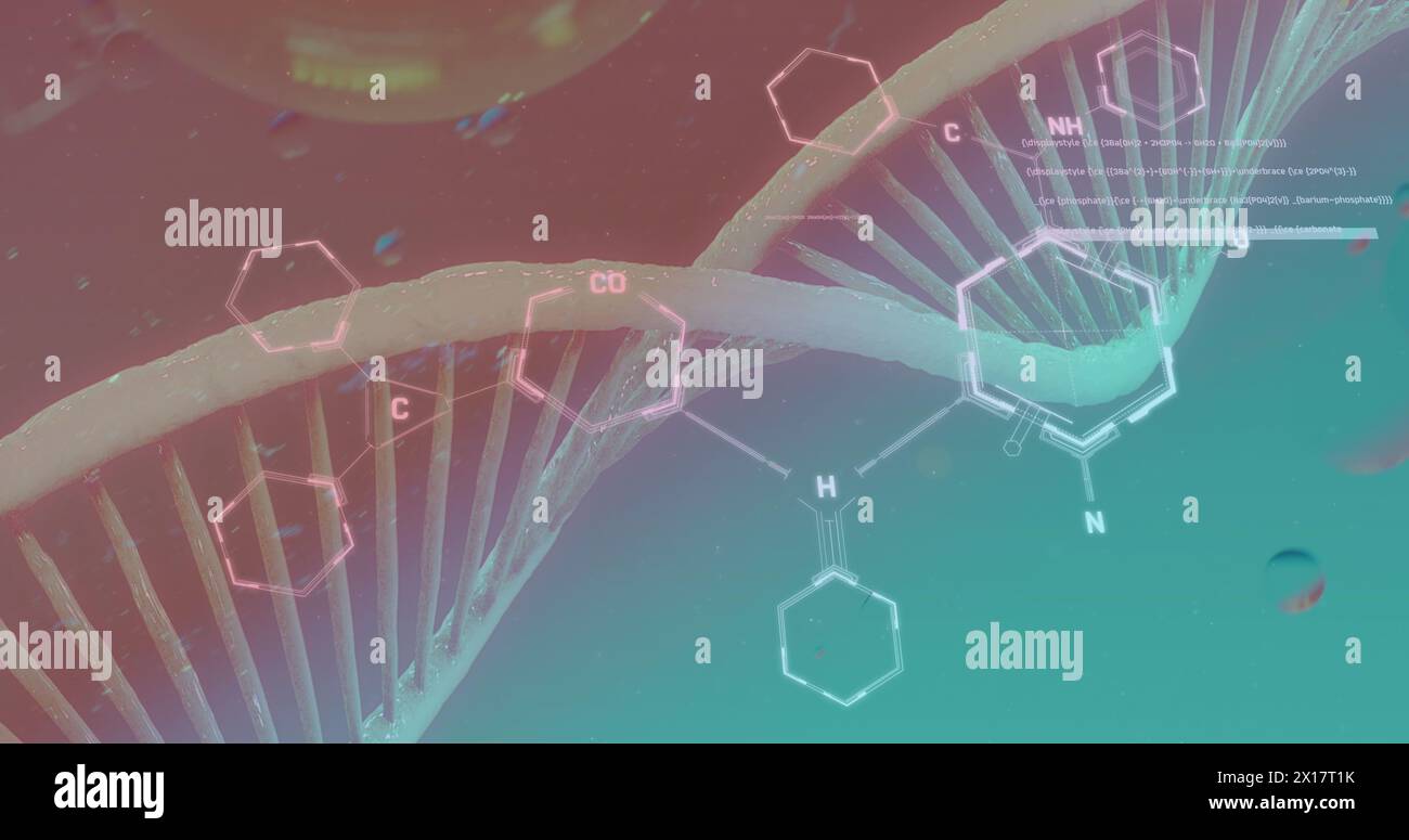 Bild von Blasen über dna-Strang und chemischer Formel auf blauem Hintergrund Stockfoto