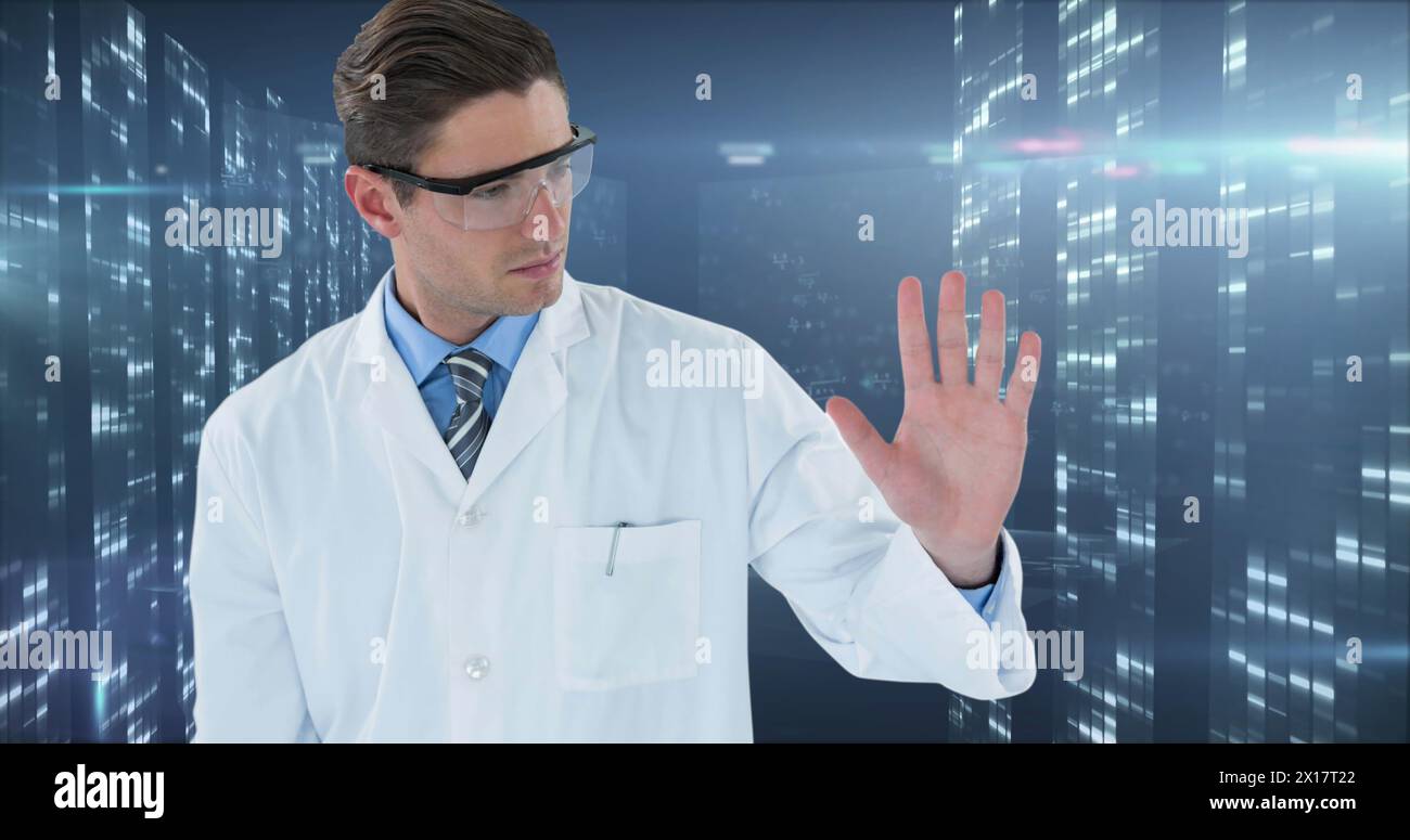 Der Arzt berührt einen unsichtbaren Bildschirm, der das Gesundheitswesen und die Medizintechnik repräsentiert Stockfoto