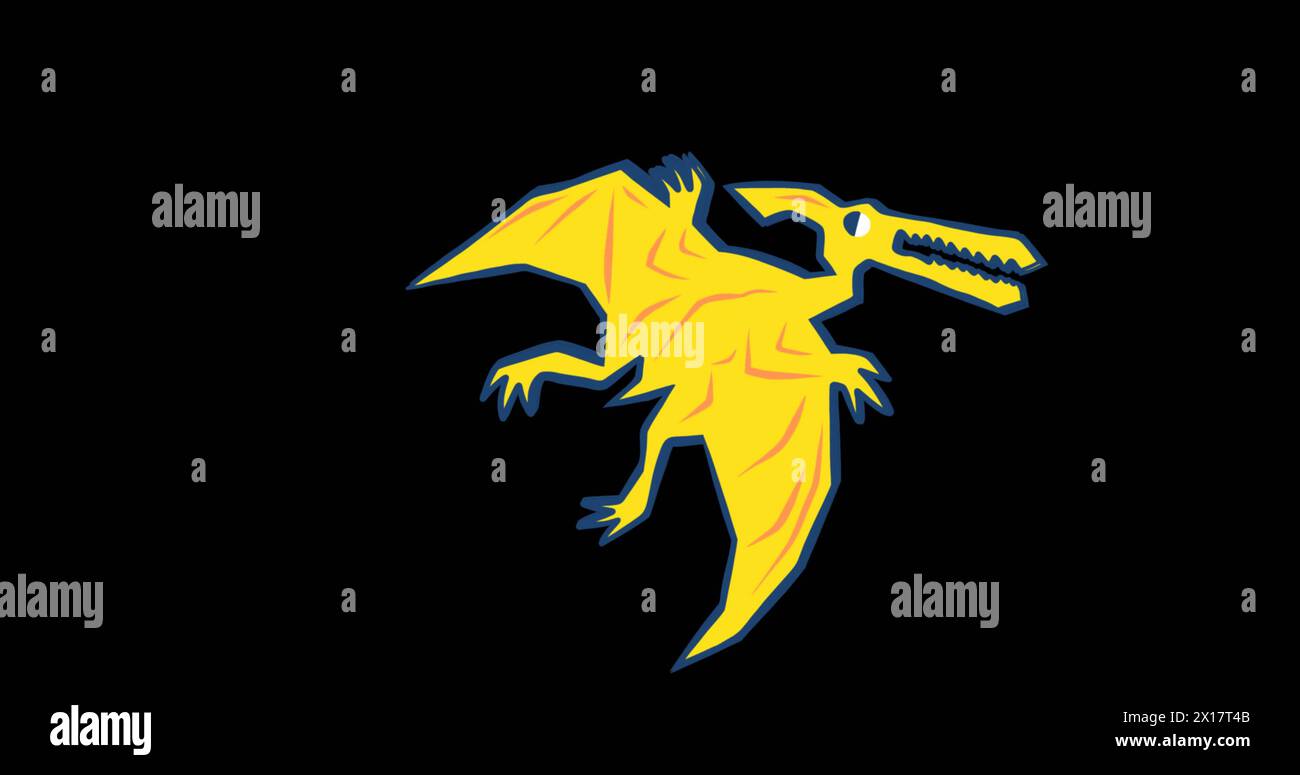 Bild eines gelben Pterodactyl-Dinosauriers, der sich auf schwarzem Hintergrund bewegt Stockfoto