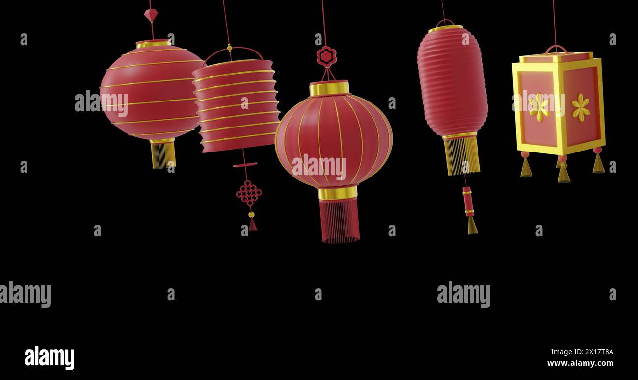 Bild von chinesischen roten Lampen, die mit Kopierraum auf schwarzem Hintergrund hängen Stockfoto