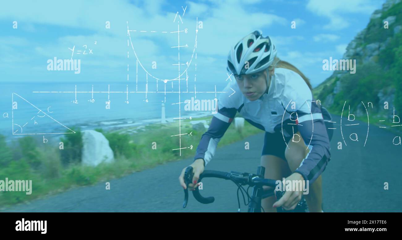 Bild handgeschriebener mathematischer Gleichungen über Frauen, die auf der Straße im Hinterland Radfahren Stockfoto