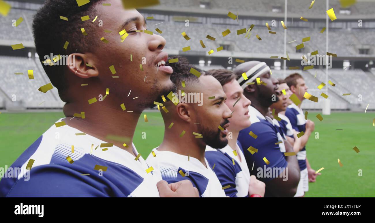 Bild von goldenem Konfetti, das über zwei multiethnische Rugby-Teams fällt, die in einer Reihe stehen und digi singen Stockfoto