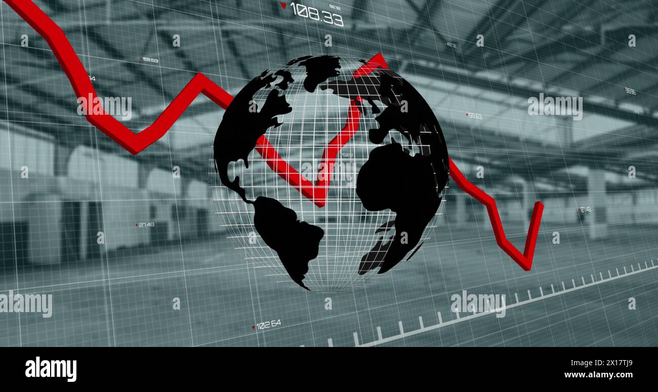 Ein sich drehendes Globus-Symbol und ein rotes Diagramm, das sich über die Verarbeitung von Finanzdaten bewegt, führen zu einem leeren Büro Stockfoto