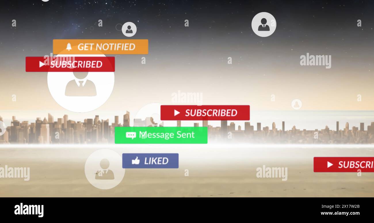 Bild der Benachrichtigungs- und Profilsymbole, die sich über Fluss und Gebäude in der Stadt bewegen Stockfoto