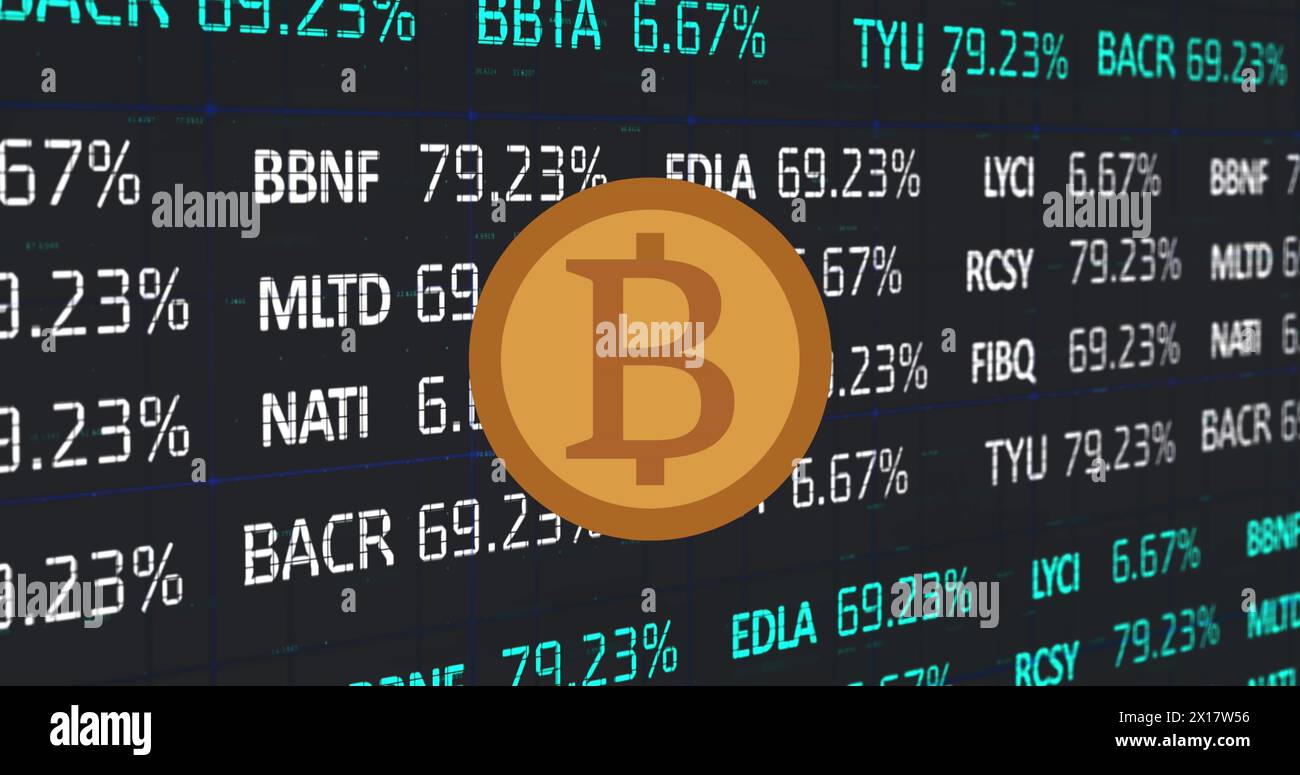 Bild von Bitcoin über Formen und Börse auf schwarzem Hintergrund Stockfoto