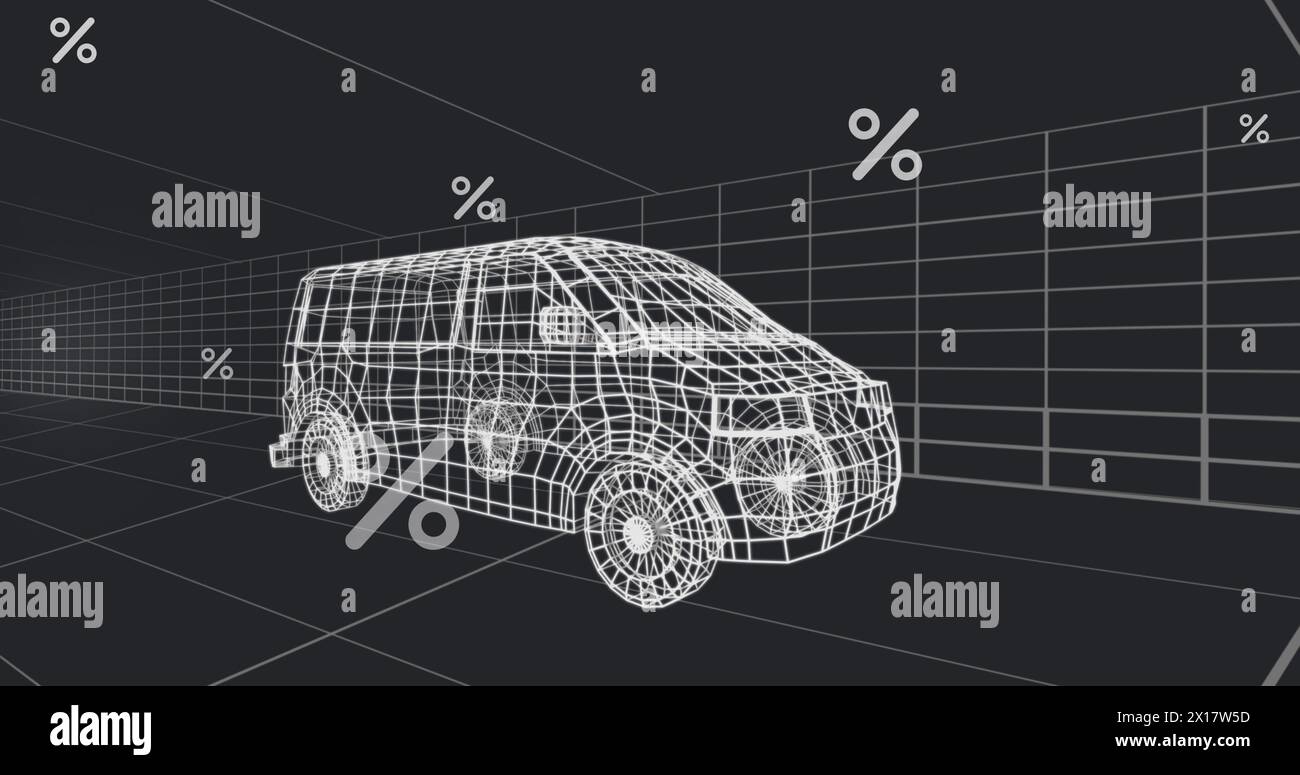 Abbildung mehrerer Prozentzeichen über 3D-Van-Modell, das sich nahtlos in einem Tunnel bewegt Stockfoto
