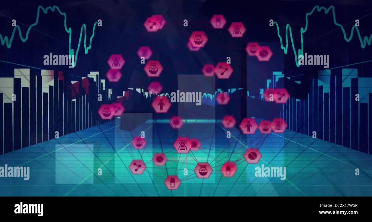 Abbildung des Netzwerks von Verbindungen mit violetten sechseckigen Symbolen über Diagrammen auf blauem Hintergrund Stockfoto