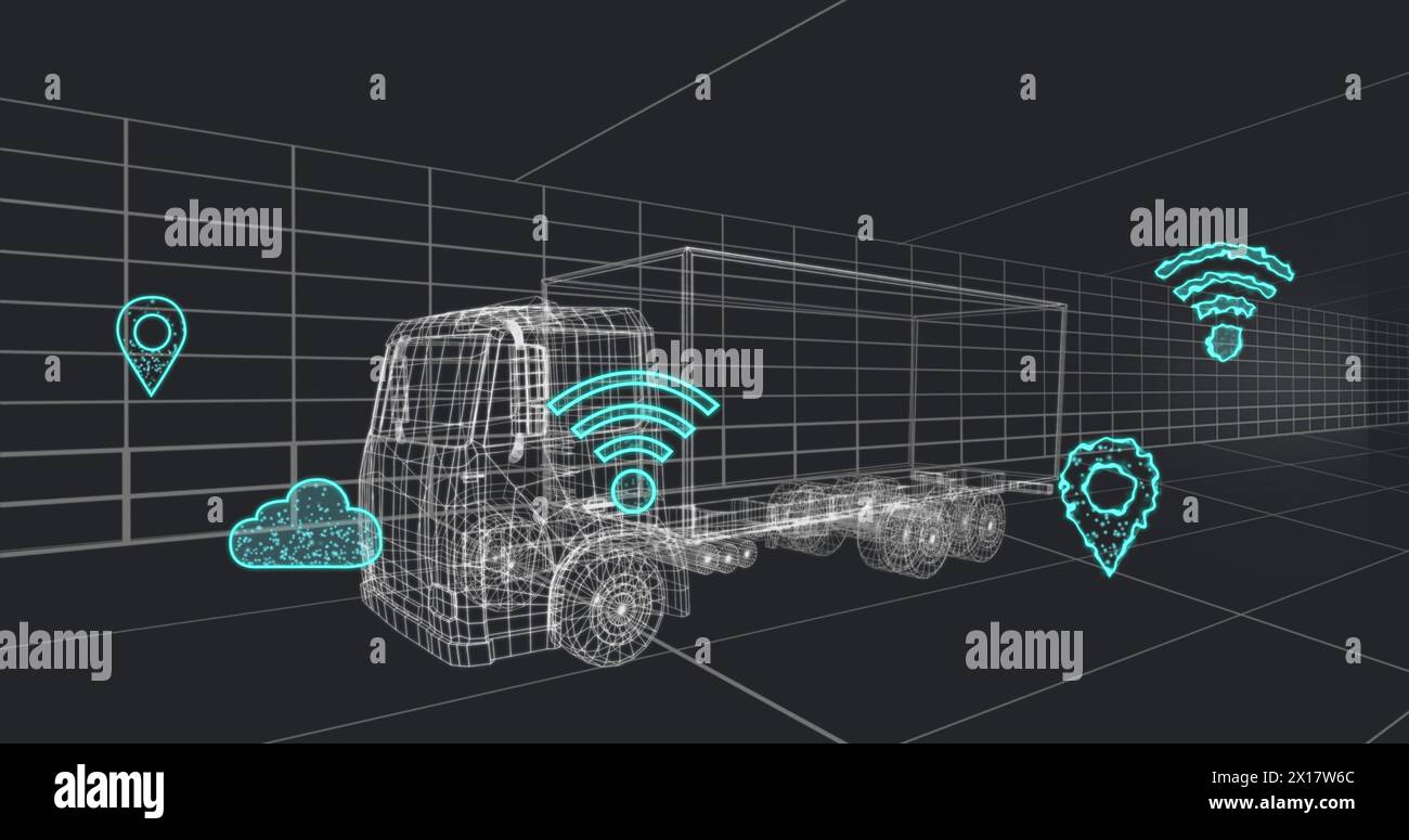 Bild mehrerer digitaler Symbole über einem 3D-Van-Modell, das sich nahtlos in einem Tunnel bewegt Stockfoto