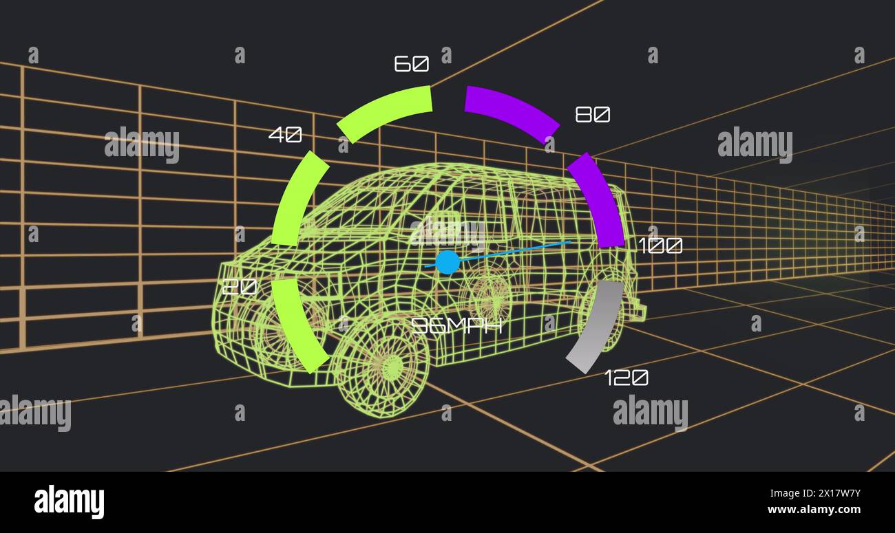 Bild der Tachometerschnittstelle über einem 3D-Van-Modell, das sich nahtlos in einem Tunnel bewegt Stockfoto