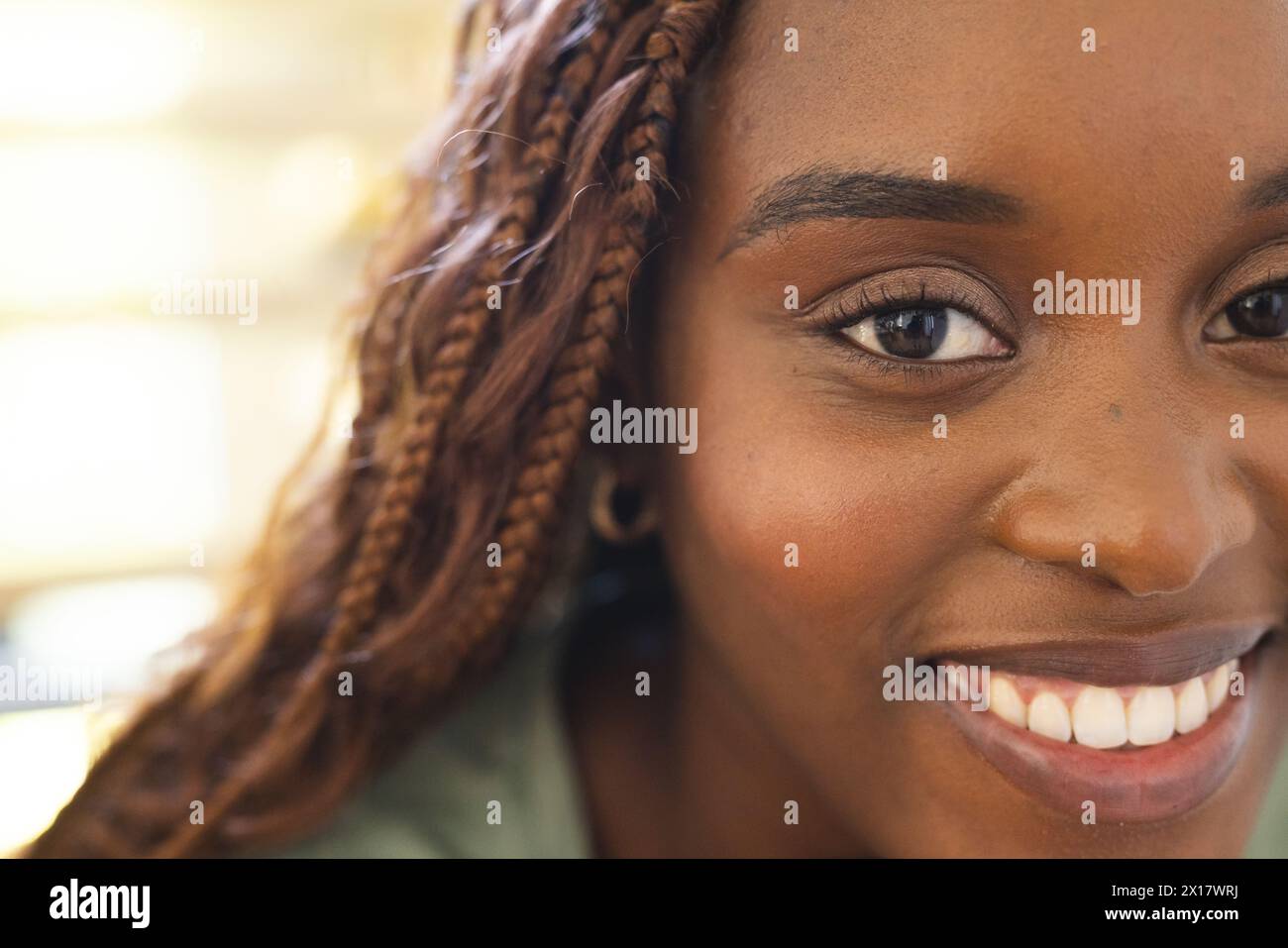 Die junge afroamerikanische Frau mit geflochtenen Haaren lächelt zu Hause Stockfoto